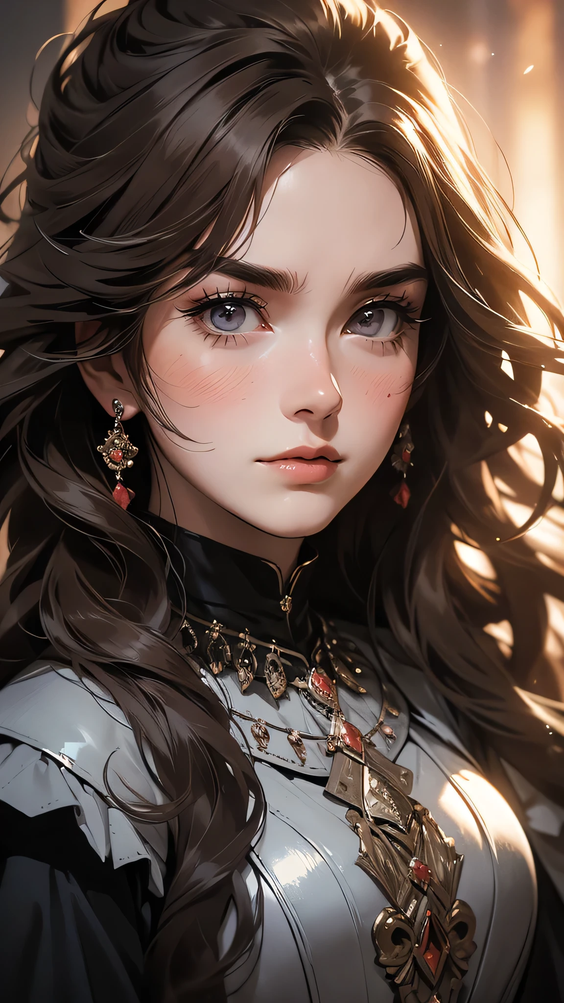 ((Masterpiece)), envision a 8k, highres, cinematic, extremely beautiful semi realistic close up portrait of a beautiful mature lady with a strong face, tall body, ,mean face, ((long messy brown hair)), blush, fur armor, flustered, side locks,  round face, long sweeping bangs, brown eyes, soft lips, lip gloss, thick eyebrows, round face, ((((1girl)))), in dark lighting, against a dark gray background