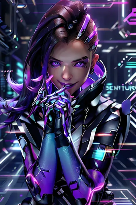 sombra from overwatch, hacking pose, purple eyes, seductive face, mischievous smile, photorealistic, hyperrealistic, shinny skki...