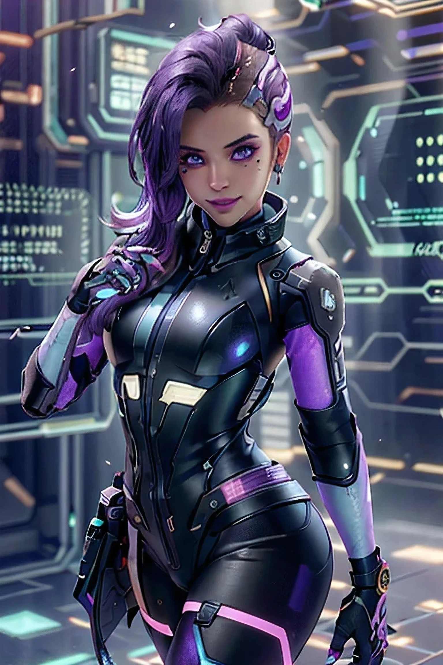 sombra from overwatch, hacking pose, purple eyes, seductive face, mischievous smile, photorealistic, hyperrealistic, shinny skkin, refflective skin, best quality, 4k, 8k, intrincate bacground details, intrincate clothes pattern, perfect body, perfect skin, hackedtech, scifi, cyberpunk, data stream, (masterpiece, best quality, realistic, highly detailed:1.2), (purple glow:1.1), pixelated, distortion, half shot, (1girl), (glistening eyes:0.8), simple background,