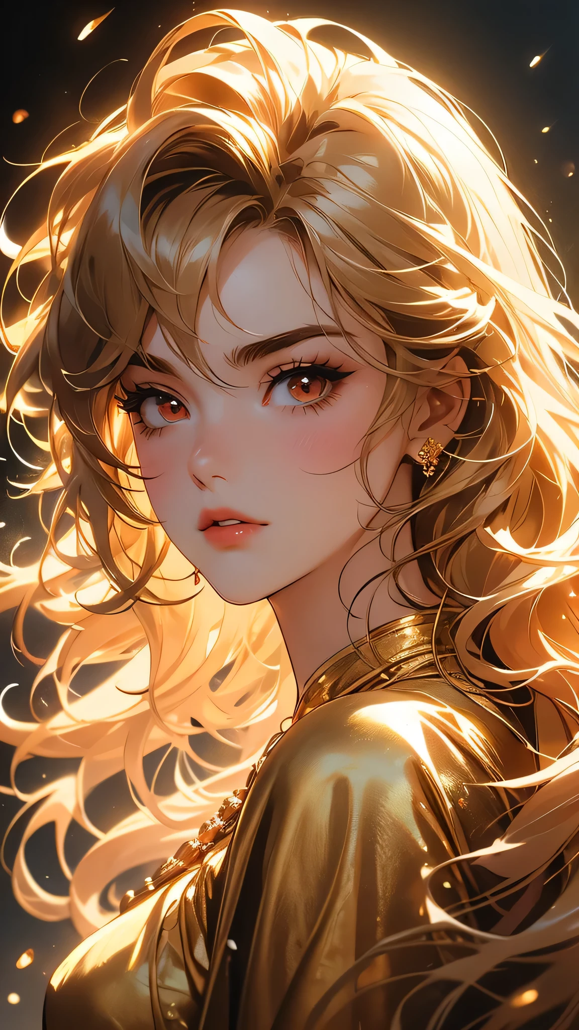 ((Masterpiece)), envision a 8k, highres, cinematic, extremely beautiful semi realistic close up portrait of a beautiful mature lady with a strong face, slender body, mean face, ((long messy Golden hair)), blush, golden fur dress, golden wings, flustered, side locks,  round face, long sweeping bangs, red eyes, soft lips, lip gloss, thick eyebrows, round face, ((((1girl)))), in dark lighting, against a dark gray background