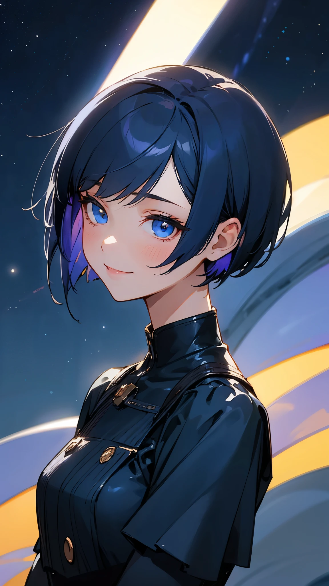 One girl、masterpiece、Best Quality、detailed、Dark blue hair、Short Bob Cut、Straight Hair、blue eyes、beautiful、dancer、Starry Sky、night、Hard Edge、Soft Surface、smile、smile、Upper body close-up、From the side、Stage lighting、Spot lighting