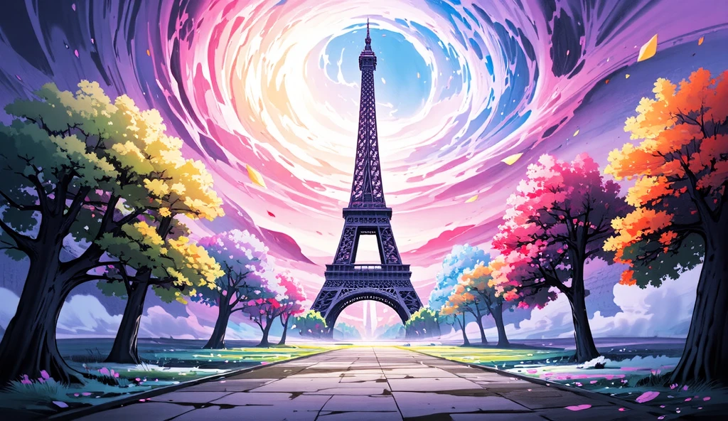 Create an image of the Eiffel Tower standing majestically in a magical, painted world. The tower is surrounded by vibrant, dreamlike colors, with swirling pink and purple skies blending into soft blues and yellows. Glowing stars and whimsical clouds float around the tower, casting a gentle light that reflects off its metallic surface. In the foreground, abstract trees with multicolored leaves and luminous flowers line the park, while cobblestone paths wind through, leading towards the glowing tower. The entire scene feels like a fantastical, hand-painted dream, where reality meets a vivid, magical imagination.
