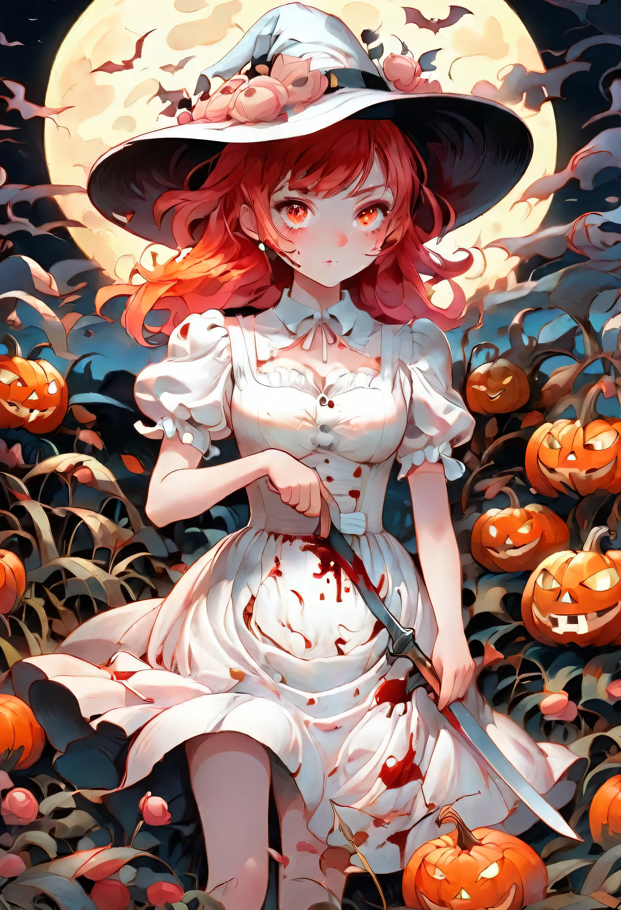 1 halloween girl by night, pumkin as flower, alone, bloody dress, No expression, red hair, pumkin field,pink eyes, white dress, looking at the viewer, medium hai, holding a bloody knife, night have, white hat, Depth of the bounds written