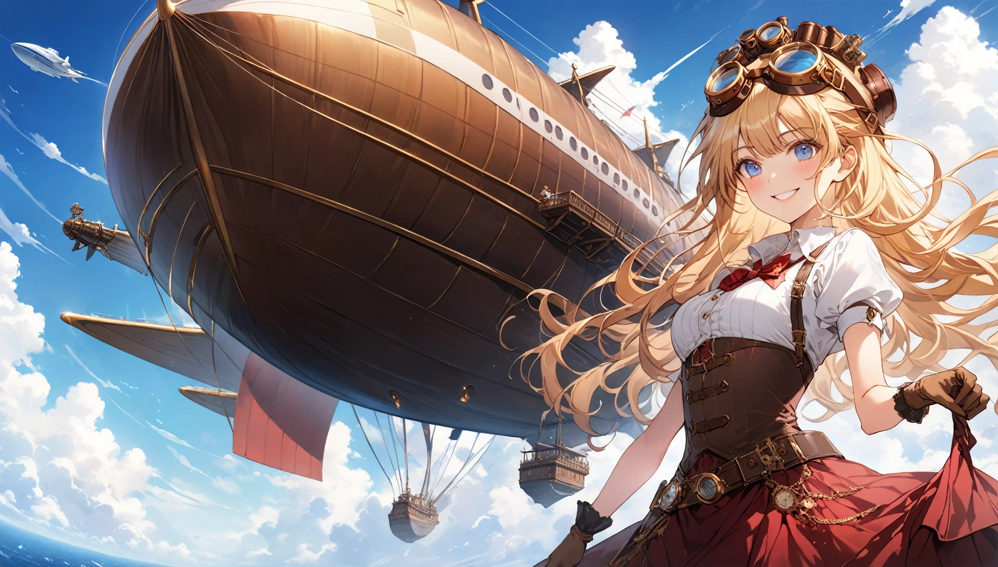 Score_9_up, Score_9, Score_8_up, Score_7_up, sauce_anime,masterpiece, Best Quality, High resolution, Extremely detailed CG, Absurd, High resolution, One girl, Alone, a girl in goggles on head, A huge airship flies through the sky with clouds in the background, Clouds and blue_Background Sky, Blonde, gloves, goggles, Long Hair, blue eyes, goggles on head, smile, Brown gloves, arms, Steampunk, cowboy_shot