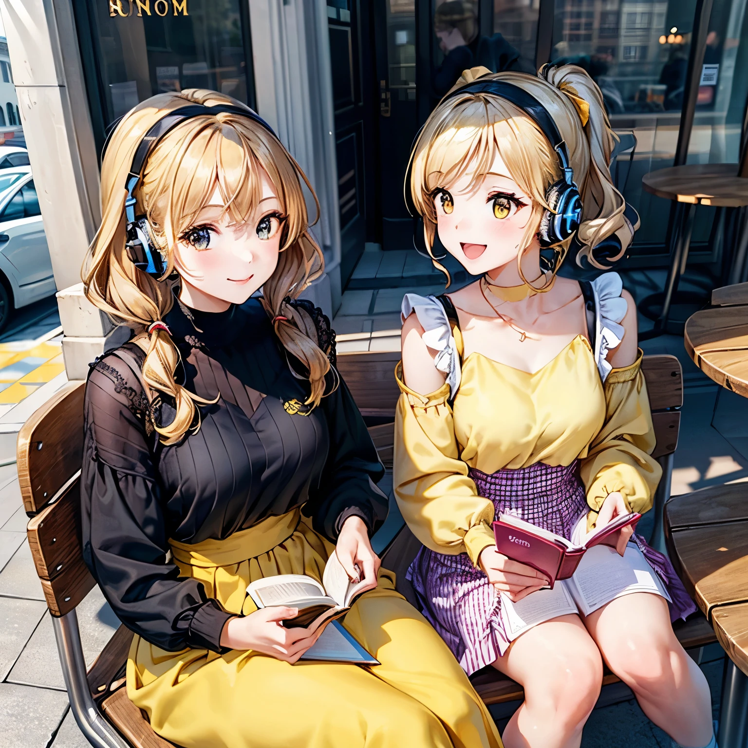 Two lively twin girls with short blonde hair and bright yellow outfits, both wearing accessories shaped like the Gemini symbol, sitting at a sunny street café, one reading a book while the other listens to music, cheerful atmosphere, high detail, vivid colors