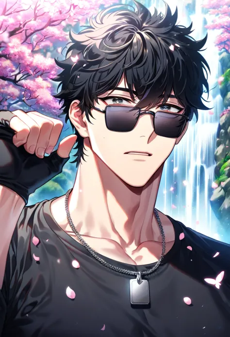 absurdres, highres, ultra detailed, HDR, master piece, best quality, detailed eyes, detailed face, delicated features, Manhwa Style, Kouga Shinya, black hair, short hair, tousled spiky hair, expressive gray eyes, Code Zero, solo, sexy man, adult face, adult, mature, handsome, tight black T-shirt, silver tag necklace, black gloves, fingerless gloves, military, he is wearing black rectangular sunglasses, fantasy, magical, cherry blossoms, pink flowers, pink butterflies, waterfall, rocks, pink petals, nature, spring, Psycho Pass 