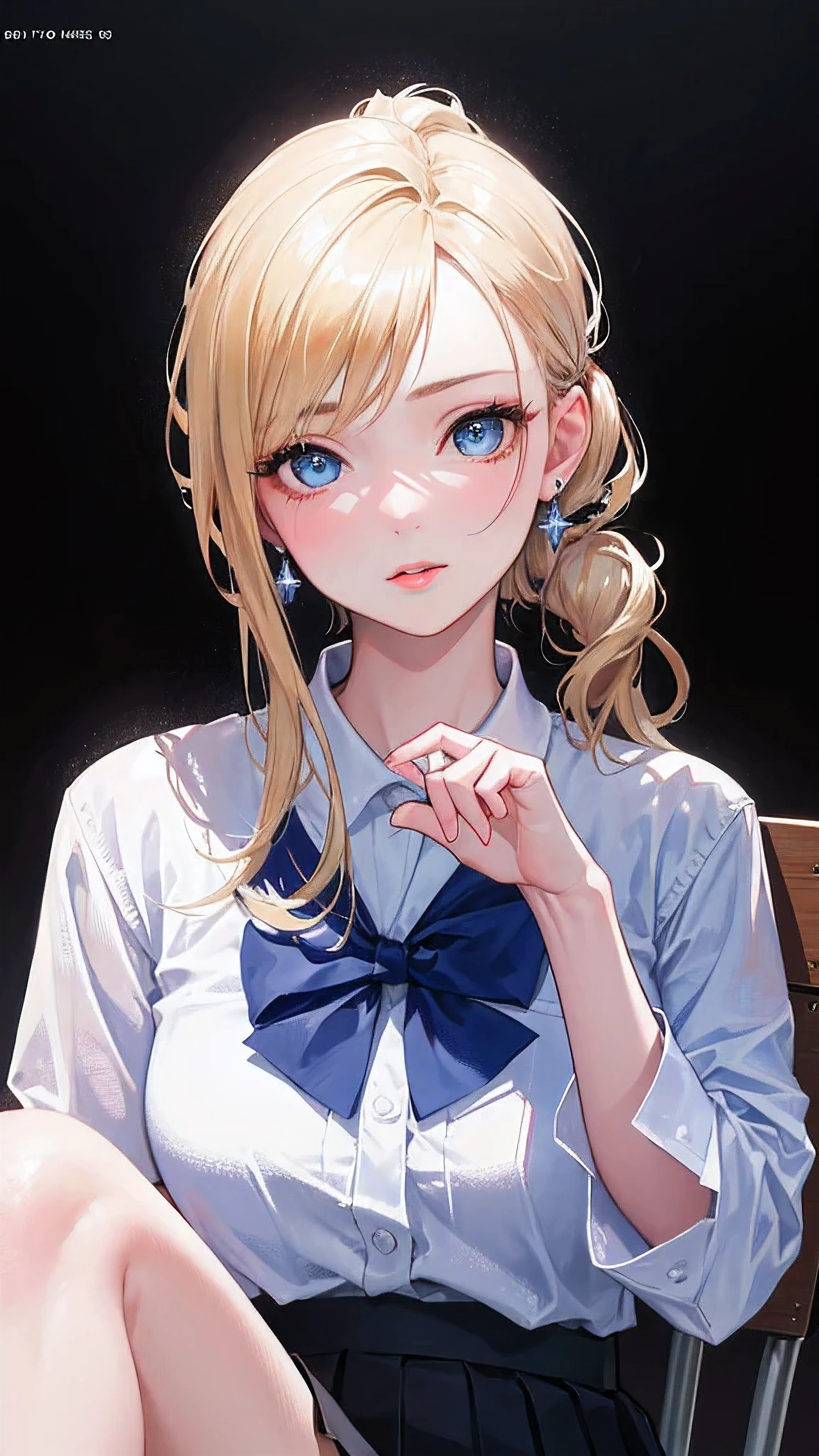 A beautiful young girl with bright blonde hair in a side ponytail, with vivid blue eyes, slightly parted lips, and a subtle tongue gesture, wearing large earrings, a revealing white shirt, and a black pleated skirt, sitting in a chair in a classroom setting, (best quality,4k,8k,highres,masterpiece:1.2),ultra-detailed,(realistic,photorealistic,photo-realistic:1.37),extremely detailed eyes and face,longeyelashes,beautiful detailed eyes,beautiful detailed lips,1girl,medium:digital art,studio lighting,vibrant colors,dramatic lighting,intricate details