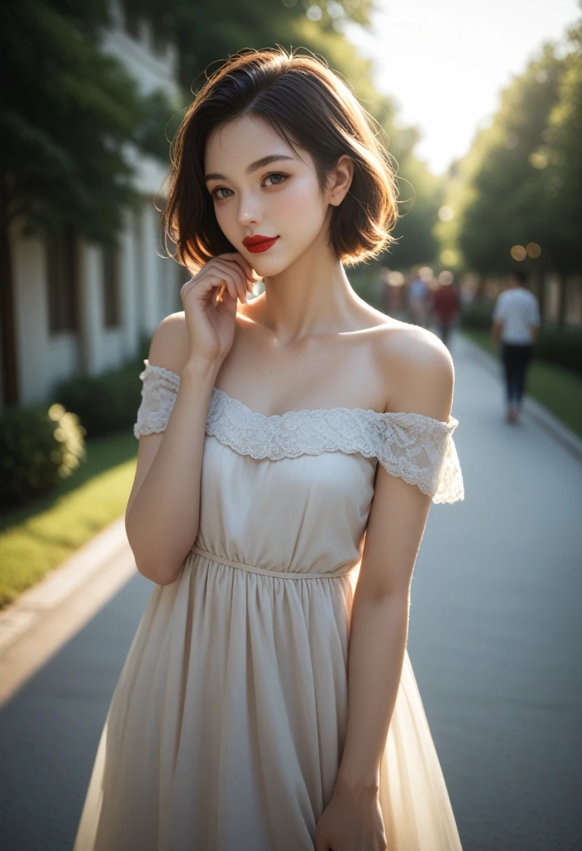 Young woman, pensive, simple off-the-shoulder top, red lipstick, one hand adjusting dress, other hand on shoulder, casual party, relaxed, social atmosphere, soft lighting, warm tones against the gentle light of the setting sun and calm mood, score_9, score_8_up, score_7_up, 