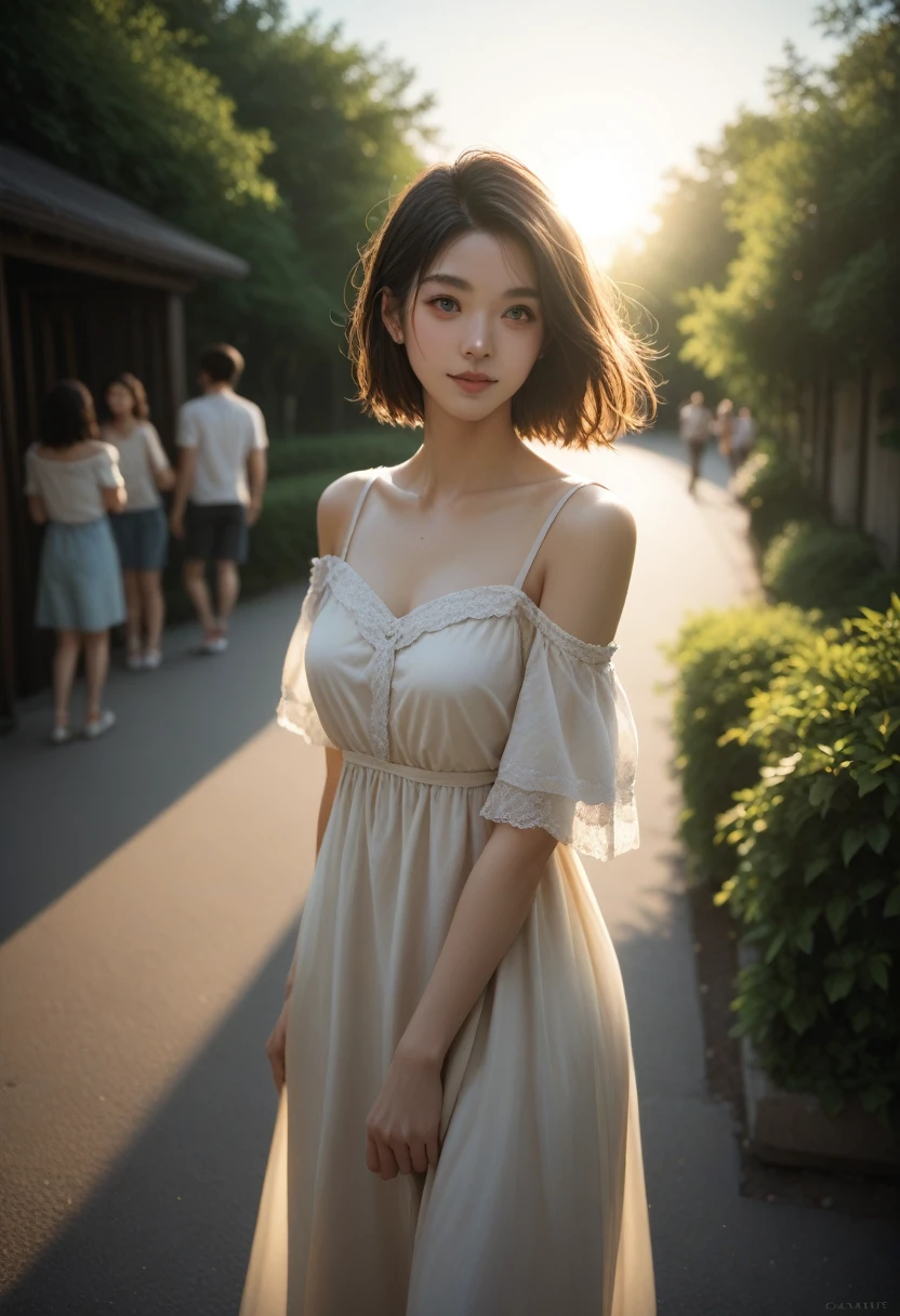 Young woman, pensive, simple off-the-shoulder top, one hand adjusting dress, other hand on shoulder, casual party, relaxed, social atmosphere, soft lighting, warm tones against the gentle light of the setting sun and calm mood, score_9, score_8_up, score_7_up, 