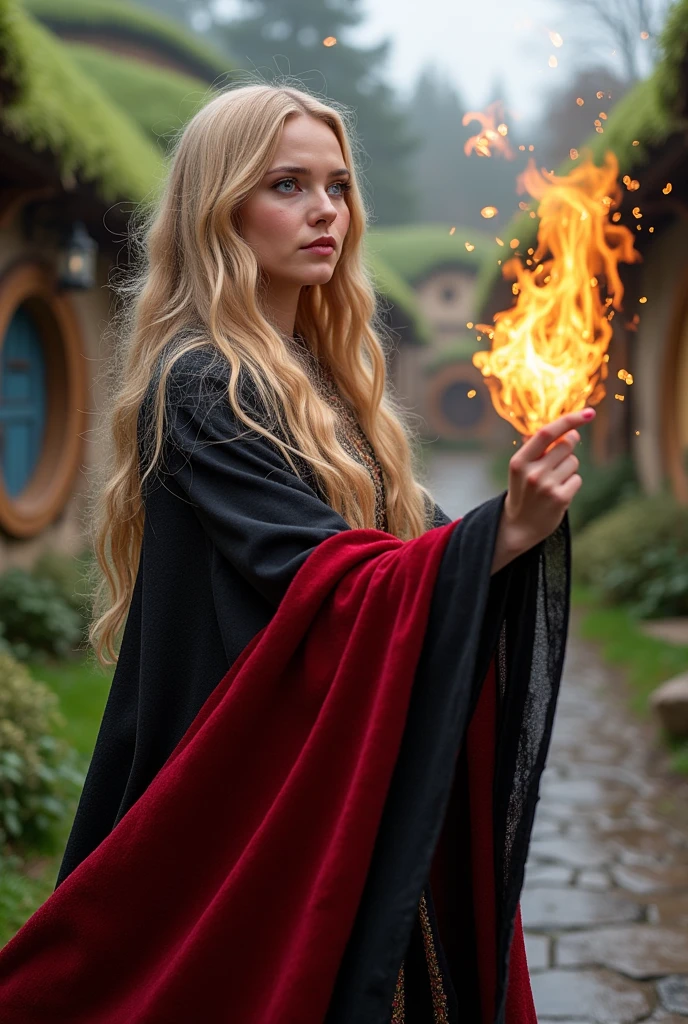 a beautiful sorceress with long blond hair dressed in a magical red and black robe casts a fireball in a dynamic pose against the background of a picturesque hobbit village, concentration, cold atmosphere, a bizarre mix of colors