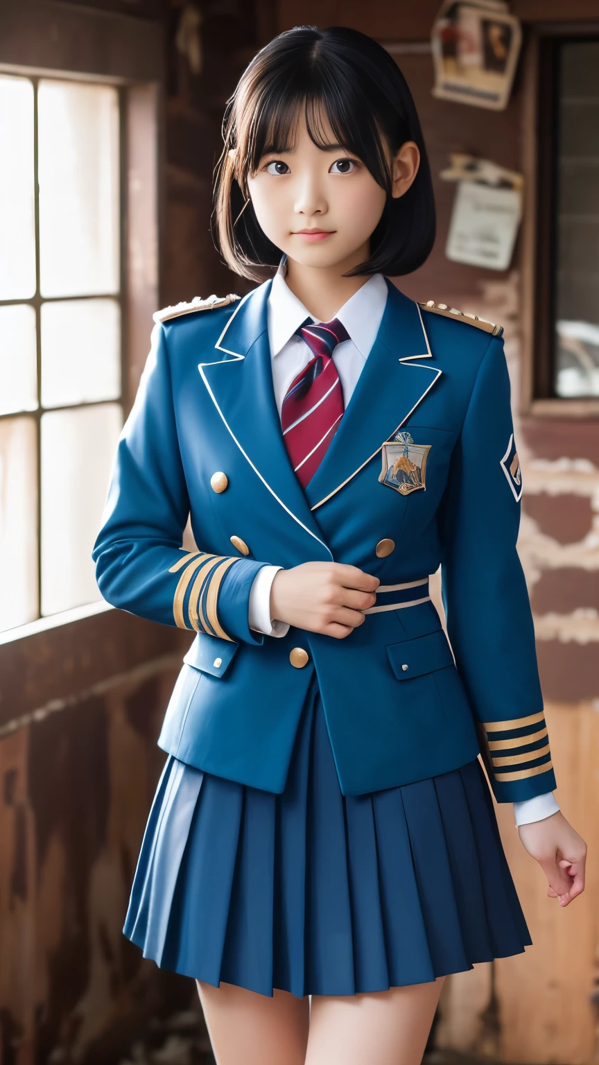 (Highest Resolution, clearly_image), Best Quality, masterpieceHighly detailed, Semi-realistic, A woman with shoulder-length black hair, Dark Eyes, Immature, Immatureな少女, Royal Sister, sexy, short hair, Triple Van, Light blue Uniform, Light blue jacket, soldier, Light blue pleated skirt, Micro Mini Skirt、Uniform, Fighter Frontline, future, SF, universe、The girl一人路地裏を歩いている、(((The girl、Embracing a middle-aged man、Having my groin caressed:1.5)))、(((The girl中年男に、I was taken to an abandoned old house、Had sex while wearing uniform:1.8)))、