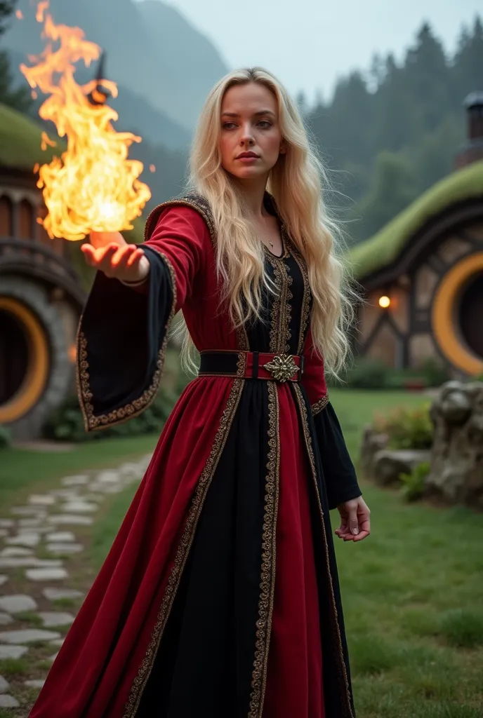 a beautiful sorceress phoebe with long blond hair dressed in a magical red and black robe casts a fireball in a dynamic pose aga...