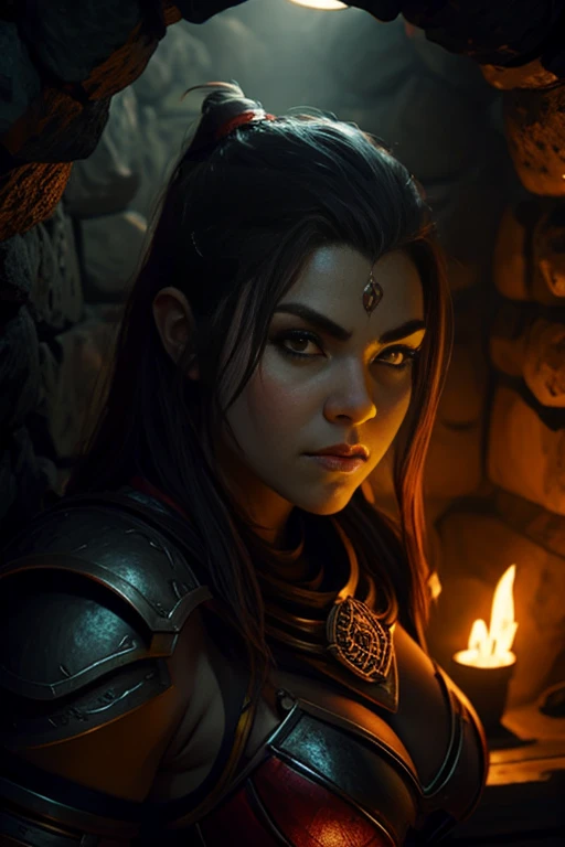 Portrait of a Duergar sexy female dwarven adventurer, (grey skin), hot black and red undercut hair, stocky, in a undeground cavern, dramatic lighting, muscled, fit, leaning against wall, young, youthful, huge fat lips, looking at viewer, deep cleavage, plate armor, heaving breasts, wide dwarven face