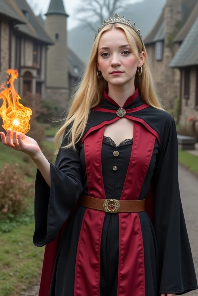 a beautiful sorceress Phoebe with long blond hair dressed in a magical red and black robe casts a fireball in a dynamic pose against the background of a picturesque hobbit village, concentration, cold atmosphere, a bizarre mix of colors