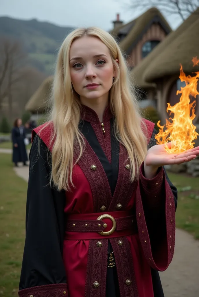 a beautiful sorceress with long blond hair dressed in a magical red and black robe casts a fireball in a dynamic pose against th...