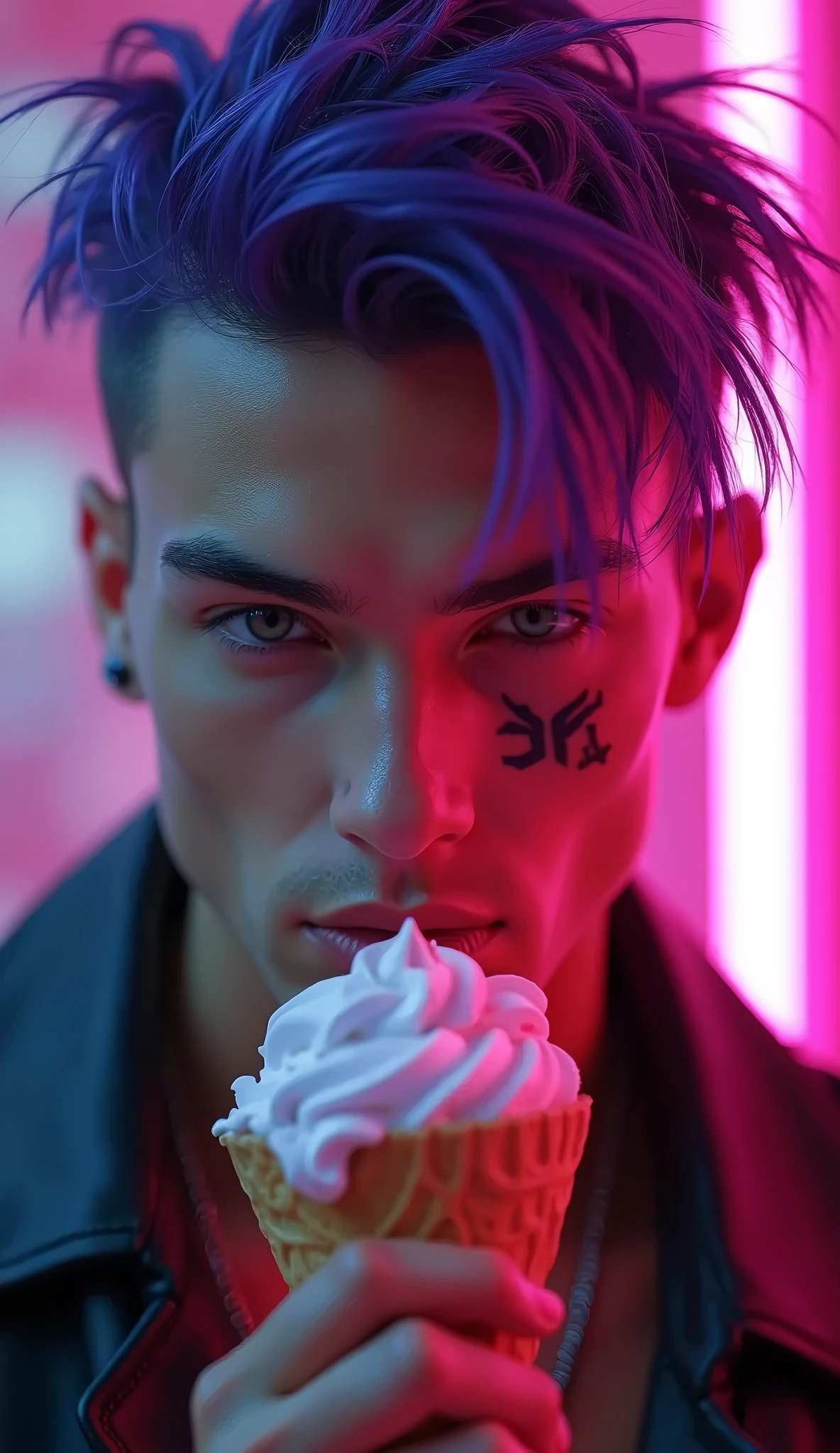 A close-up of a sensual young man, sonrrisa sensual,with an ice cream in one hand bringing it close to his mouth, with a tattoo on the arm and cheek cyberpunk hairstyle with a lock of violet hair, beautiful cyberpunk boy, beautiful cyberpunk boy face, , 8k hyperrealistic cyberpunk art, cyberpunk 2 0 years. o model man, Beautiful model of a young cyberpunk man, The portrait of a cyberpunk boy, Highly detailed 32k digital art, Beautiful digital artwork, Cyborg Cyberpunk. Cyan, 8k realistic digital art, Soft neon lighting on the face and body