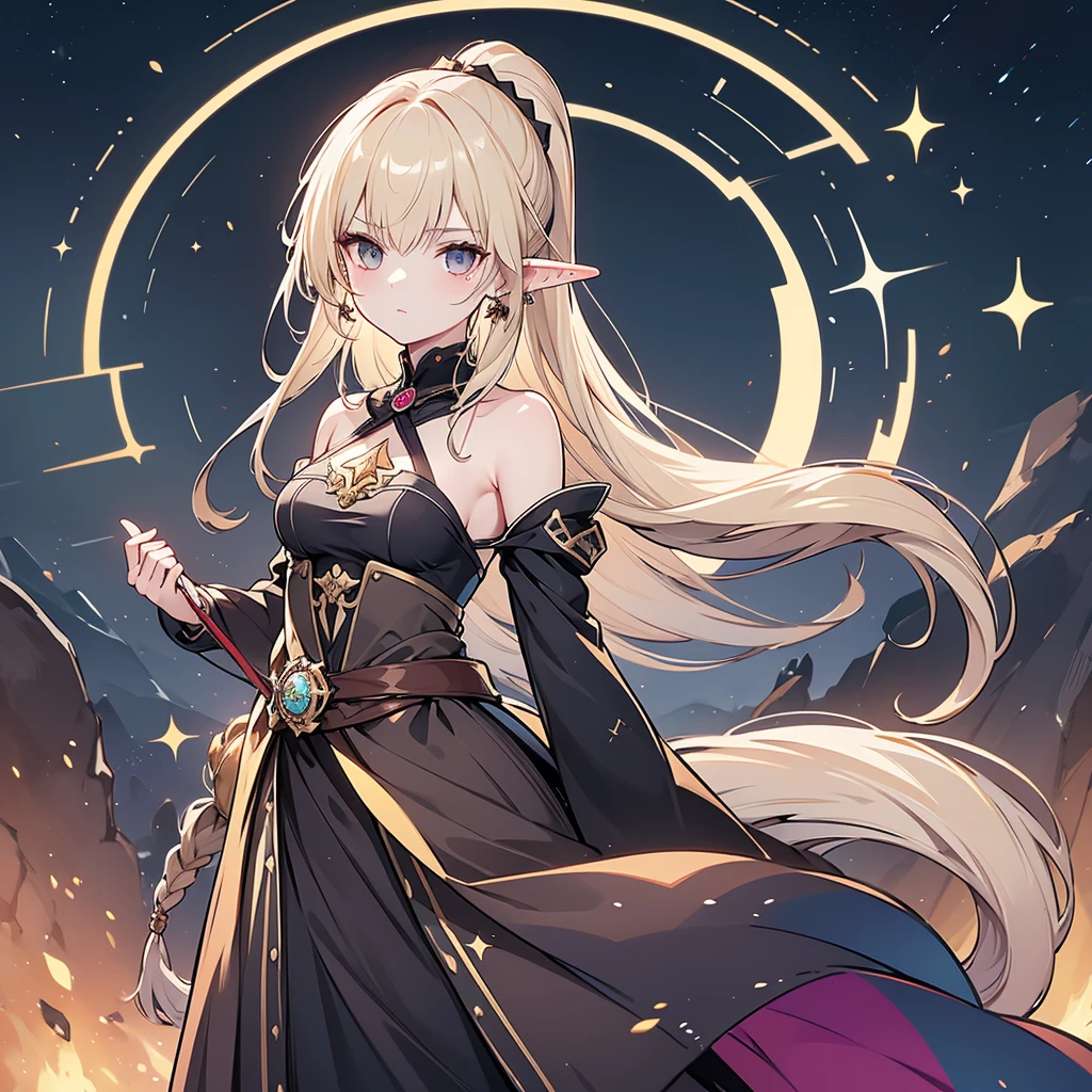 Eye patch、Witch costume、elf、grimoire、magic circle、A look that seems to be relaxed、Long Hair, chest, Blonde, ponytail, Pointy Ears, Highest quality, Snap your fingers、One Woman, Detailed face, Soft Lighting, Soft Light, Soft Focus, Perfect Face, Beautiful and accurate anatomy, Expose too much, 8k, 4K, (High resolution:1.1), Best Quality, (masterpiece:1.3), One girl, alone, jewelry, brown eyesSee viewers, Earrings on only one ear、Beautiful woman、Medieval streetscape、Night view、Shining magic circle、Arms crossed、Intimidating look、Black clothes