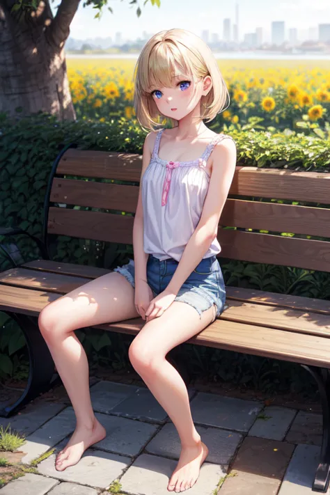  extremely beautiful eleven year old , blonde hair halfway down the back , dark blue eyes , pink lips , small breasts , white sleeveless blouse without print , short jeans azul , barefoot , full body , HEAD ON , sitting on a bench in a square with her legs open , during the day , sunny day 