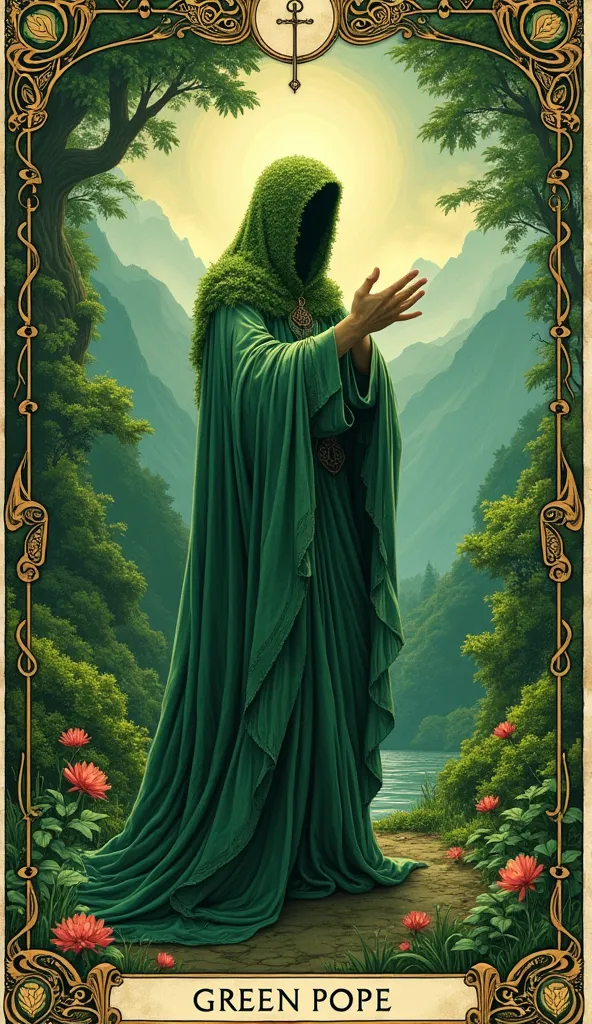 In the style of Pamela Corum、Symbolism and Romanticism、The Green Pope, Make a tarot card about