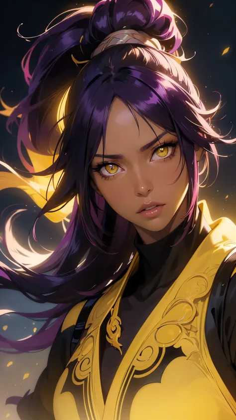 1 beautiful woman(yoruichi shihouin, long hair, (yellow eyes:1.5), ponytail, purple hair, dark skin, dark-skinned femal) levitat...