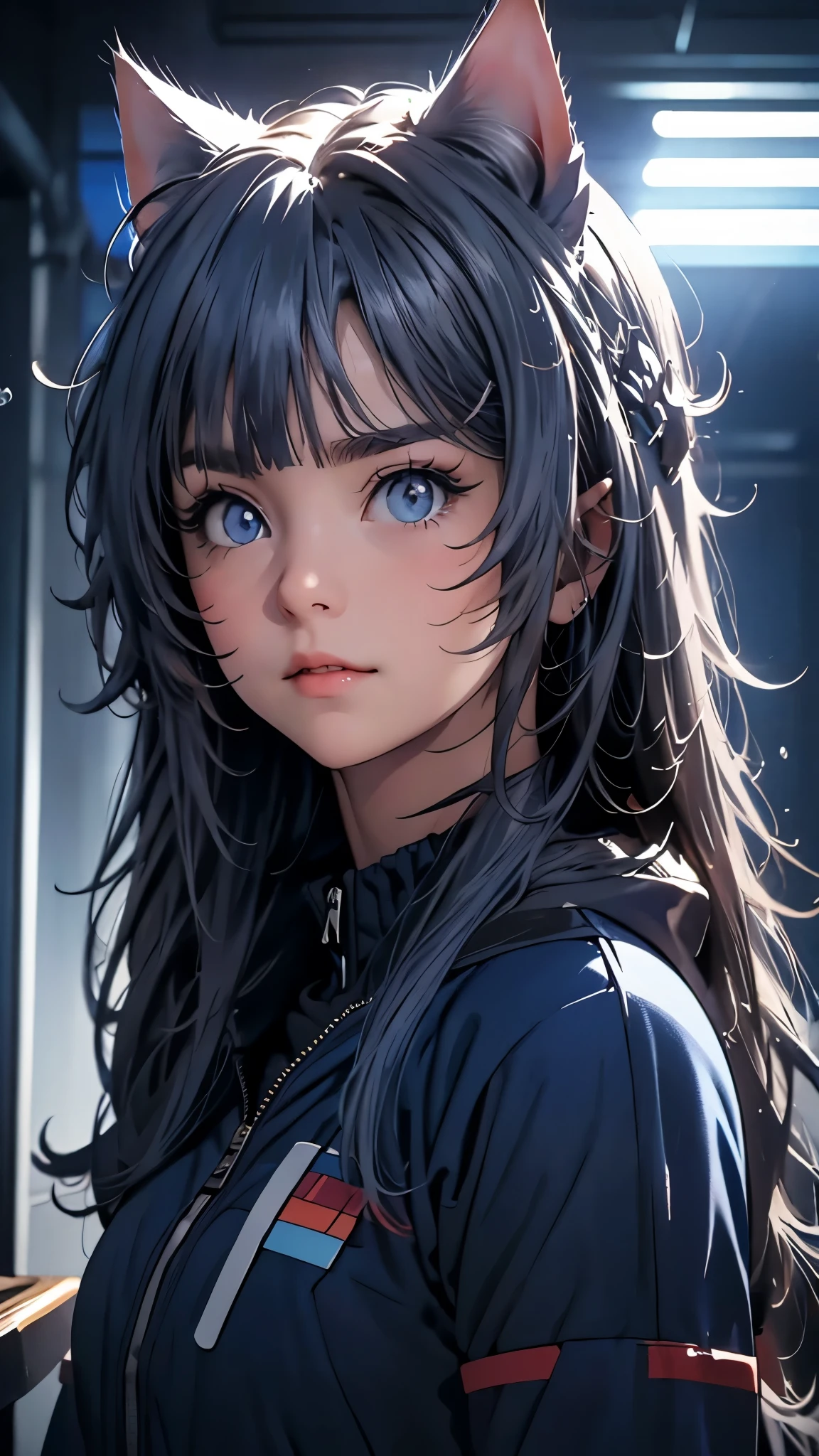 ((Masterpiece)), envision a 8k, highres, cinematic, extremely beautiful semi realistic close up portrait of a beautiful mature woman with a mature face, slender body, strong face, ((((long dark Navy Blue hair)))), side locks, choppy bangs, round face, long sweeping bangs, deep blue eyes, soft lips, lip gloss, thick eyebrows, round face, (((ahoge))), stickers on face, ((Cat Ears)), Bomber Jacket, long sleeve, collar, ribbon, lolita, techwear, water bubbles, cape, ((((1girl)))), in dark lighting, against a dark gray background