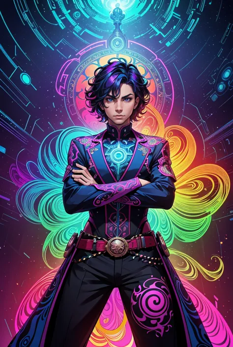 “a vibrant depiction of a man crouching with two revolvers, crossing his arms, in a psychedelic fantasy style. this image is ins...