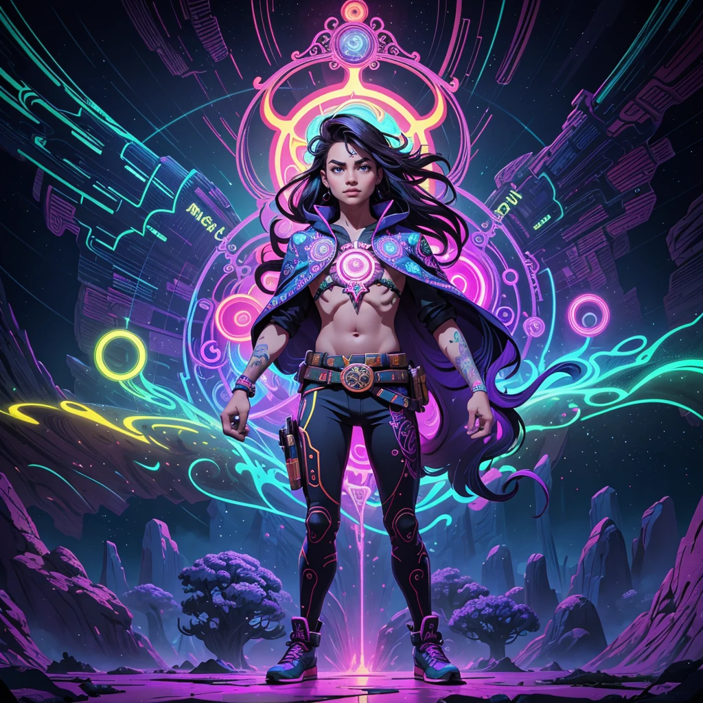 “A vibrant depiction of a man crouching with two revolvers, crossing his arms, in a psychedelic fantasy style. This image is inspired by the fusion of digital art and psychedelic fantasy, featuring vivid neon colors and intricate fractal patterns. | The environment/background should include a surreal, otherworldly landscape with swirling colors and mystical elements, creating a mesmerizing and fantastical atmosphere. | The image should be in the style of psychedelic fantasy, incorporating elements of bold outlines, vibrant neon colors, and a blend of digital and fantastical elements. | The camera shot should be a medium close-up, captured with a standard lens, providing a detailed and engaging perspective. | The lighting should be dramatic, with glowing highlights emphasizing the vivid neon colors and the surreal elements. | The desired level of detail is high with vector resolution, highlighting the revolvers, clothing details, and psychedelic patterns. | The goal is to create an image that captivates viewers with its intensity and mysticism, showcasing the fusion of digital art and fantasy.”