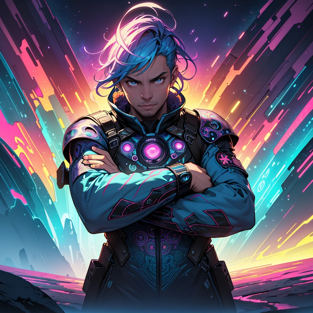 a man crouching with two revolvers, crossing his arms, psychedelic fantasy style, vibrant neon colors, intricate fractal patterns, surreal otherworldly landscape, swirling colors, mystical elements, bold outlines, digital and fantastical elements, medium close-up, standard lens, dramatic lighting, glowing highlights, vector resolution, high detail