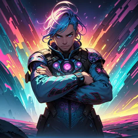 a man crouching with two revolvers, crossing his arms, psychedelic fantasy style, vibrant neon colors, intricate fractal pattern...