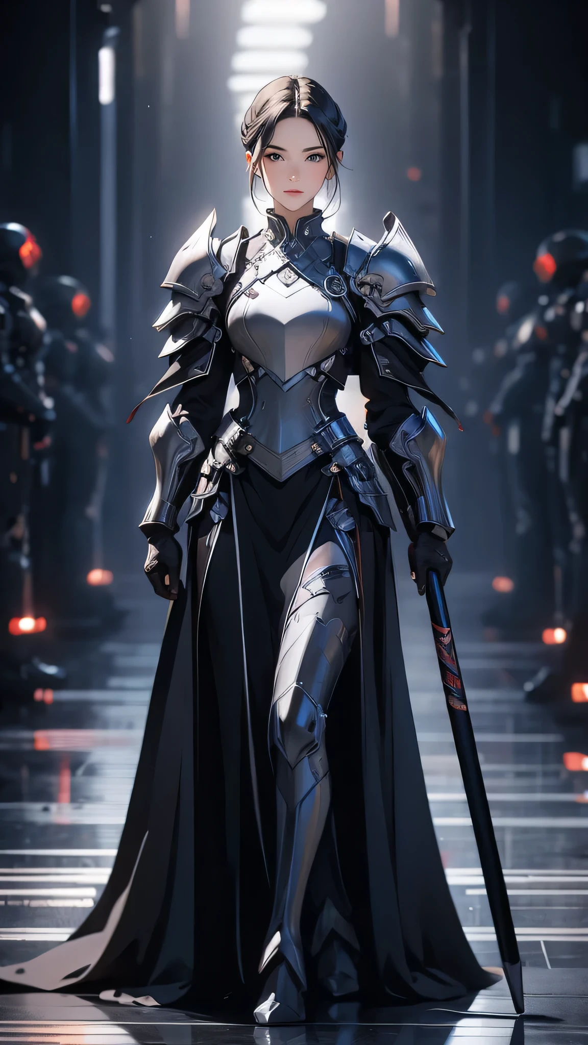 ((Masterpiece)), envision a 8k, highres, cinematic, extremely beautiful semi realistic full body pinup of a beautiful mature lady with a strong face, slender body, mean face, ((short blue hair)), armor, blush, flustered, side locks, round face, long sweeping bangs, blue eyes, soft lips, lip gloss, thick eyebrows, round face, ((((1girl)))), in dark lighting, against a dark gray background