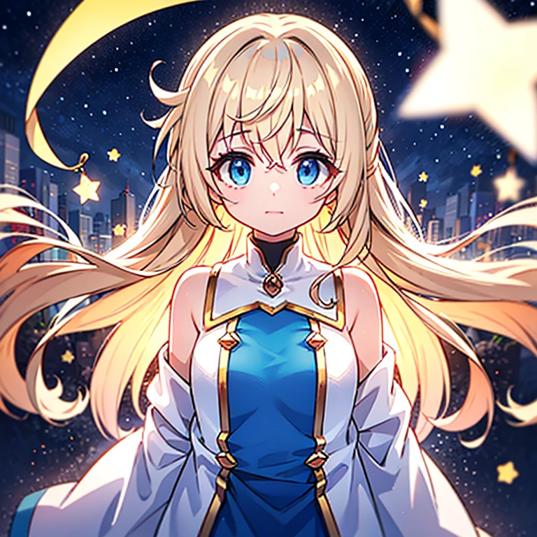 A girl with shoulder-length blonde hair、Softly styled。, Wavy layers with subtle silver highlights. She is small, Star-shaped hairpin on one side, It lends a heavenly charm to her modern look.. Her bright blue eyes are large and expressive, Soft, The glow of a clear night sky. Tiny, Star-like specks create a magical atmosphere.