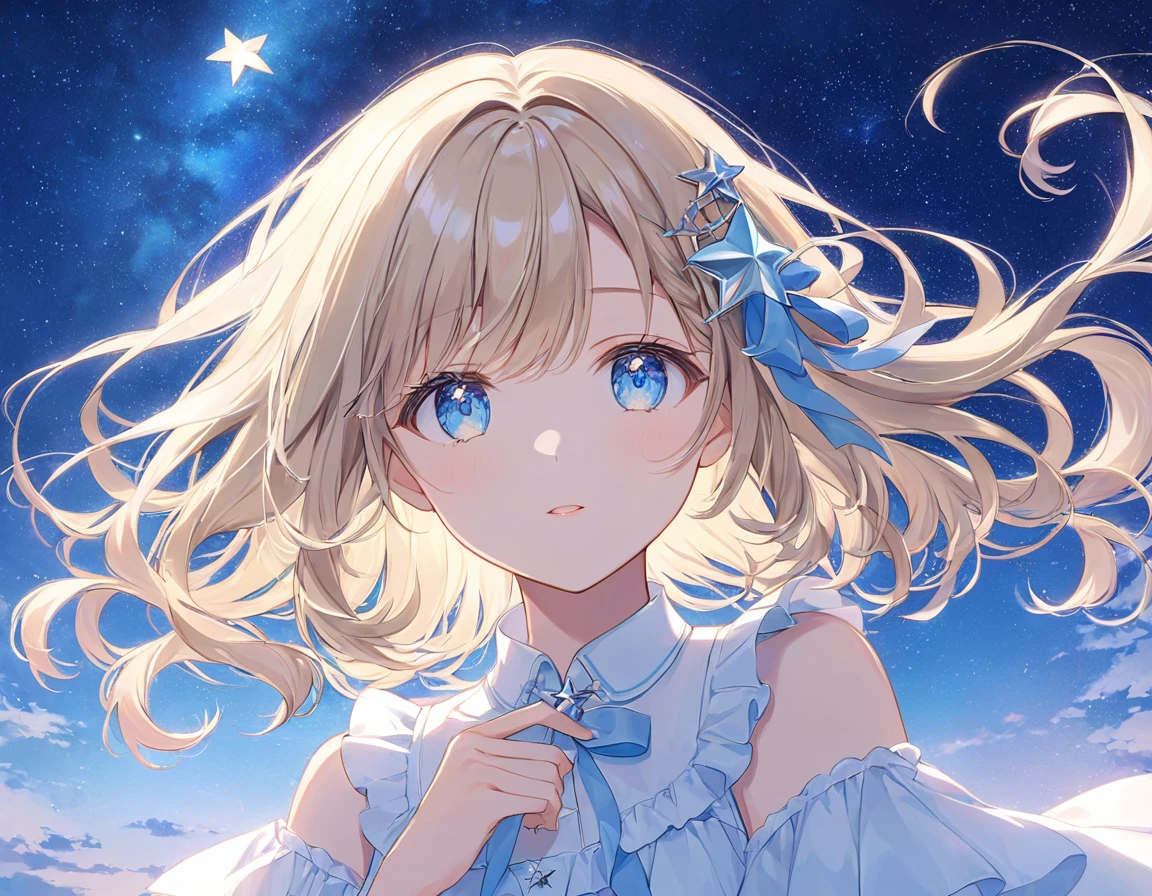 A girl with shoulder-length blonde hair、Softly styled。, Wavy layers with subtle silver highlights. She is small, Star-shaped hairpin on one side, It lends a heavenly charm to her modern look.. Her bright blue eyes are large and expressive, Soft, The glow of a clear night sky. Tiny, Star-like specks create a magical atmosphere.