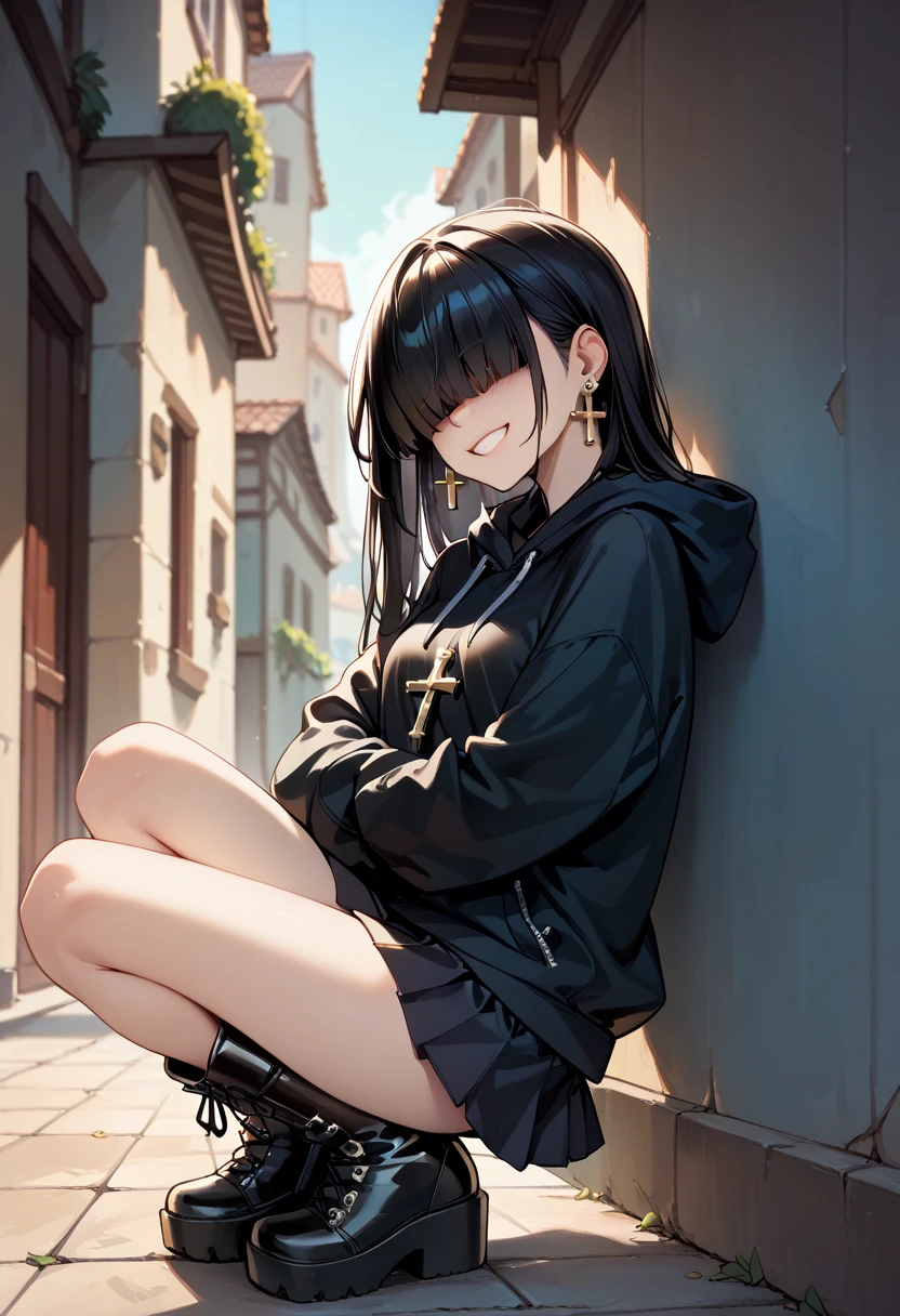 (masterpiece, best quality, 8k, sharp focus, 1girl, long black hair, hair covering eyes, smiling, cross earrings, black hoodie, short black skirt, platform black boots,
