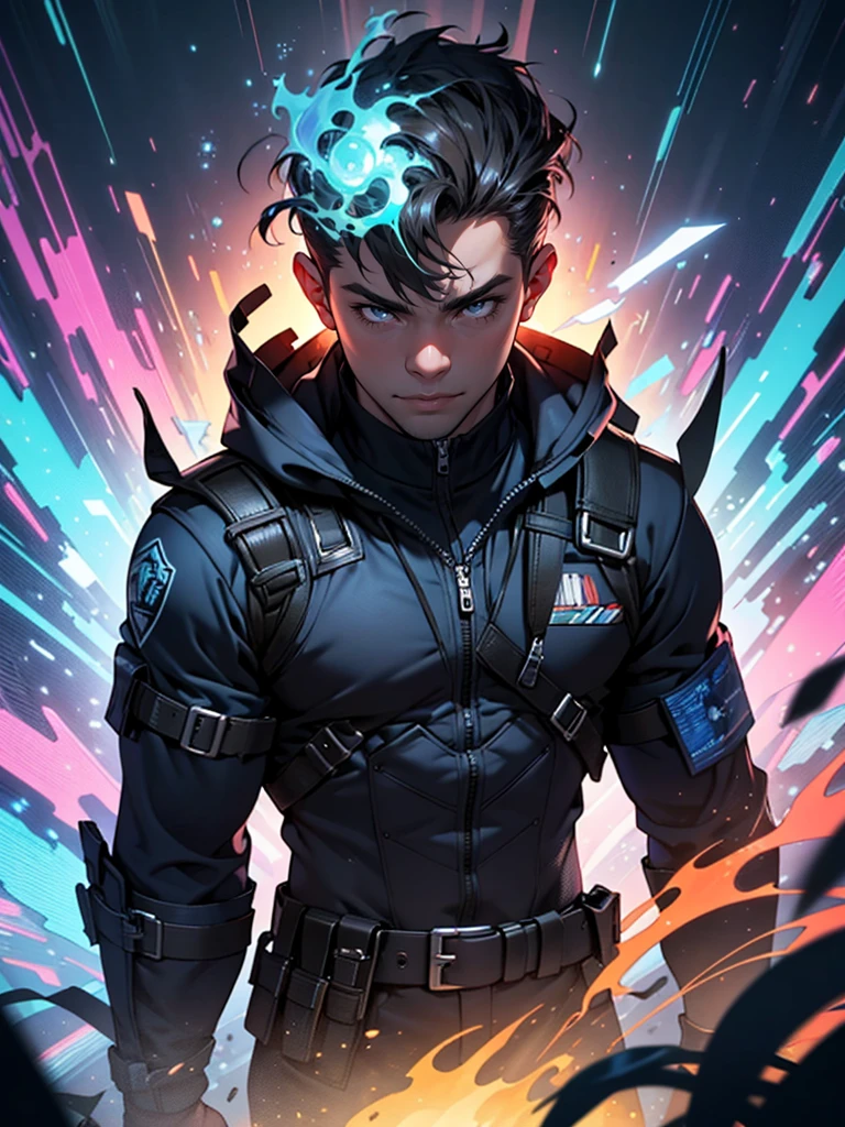 “A dynamic 2D vector depiction of a man in a heroic pose, wearing a tactical vest and dual revolvers crossed over his chest, set against a psychedelic backdrop. This image is inspired by digital art and fantasy themes, featuring vivid, swirling colors and abstract patterns. | The environment/background should include an ethereal landscape with floating geometric shapes, vibrant bursts of color, and whimsical elements, creating a surreal and captivating atmosphere. | The image should be in the style of psychedelic fantasy, incorporating elements of fluid shapes, bright neon colors, and a fusion of digital aesthetics. | The camera shot should be a medium close-up, captured with a standard lens, to provide a detailed and engaging perspective of the man in action. | The lighting should be intense and colorful, with radiant highlights and contrasts, emphasizing the man’s features and the fantastical elements in the background. | The desired level of detail is high with a vector resolution, highlighting the intricacies of the revolvers, the man’s attire, and the dynamic elements of the surreal environment. | The goal is to create an enchanting image that conveys a sense of adventure and mystique, capturing the essence of the man’s strength in a psychedelic fantasy world.”