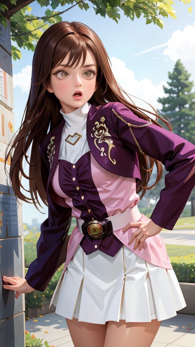 (Highly detailed CG), (Best Quality), woman, Perfect Face,  Shiny skin, Wide Hips, Narrow waist,  ,May,jacket,White Skirt,Long sleeve,, belt, Please open your mouth a little, Straight Hair, Brown Hair, Frightened face, 