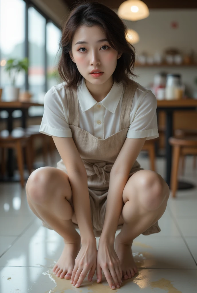 (Practical, photo-Practical, Best quality, masterpiece), Intricate details, Extremely detailed, (Frontal photography, For the audience), solitary, A Japanese character, (Half squat，:1.5), (Dressed waitress, gout:1.3), (Huge breasts), Black Hair, Short Bob Hairstyle, Pale skin, Delicate face, Delicate eyes, Delicate nose, (Your own, Excessive urination, She is peeing:1.5), (Urine dripping on the ground, There is a urine pit, There are urine stains, ashamed:1.2),, Photo Background, indoor, Coffee Shop,