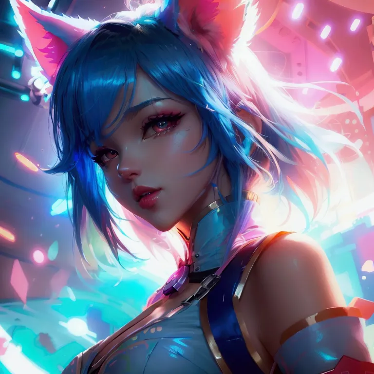 A girl with blue hair and pink ears with bright lights., seraphine ahri kda, vibrant cartoons by rossdraws, extremely detailed art by artgerm, Anime girl with cosmic hair, germen de arte de tendencia, anime style 4k, Detailed Artgerm, awesome anime face portrait, german art bokeh 8k, shiny skin, magical and resplendent, dreamy cyberpunk girl