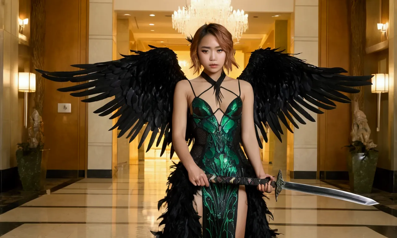 a dark angel (cute yuna, age 25, black fishnet gown, black eyes, black feathered wings, weeping blood, wielding a sword encased ...