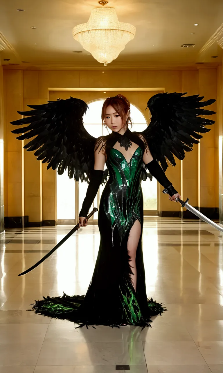 a dark angel (cute yuna, age 25, black fishnet gown, black eyes, black feathered wings, weeping blood, wielding a sword encased ...