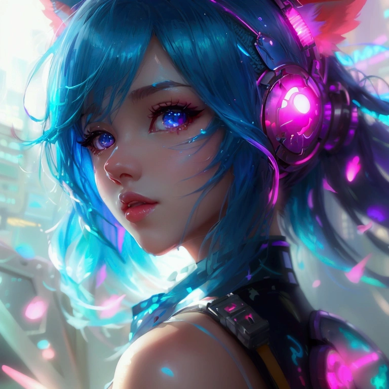 A girl with blue hair and pink ears with bright lights., seraphine ahri kda, vibrant cartoons by rossdraws, extremely detailed art by artgerm, Anime girl with cosmic hair, germen de arte de tendencia, anime style 4k, Detailed Artgerm, awesome anime face portrait, german art bokeh 8k, shiny skin, magical and resplendent, dreamy cyberpunk girl