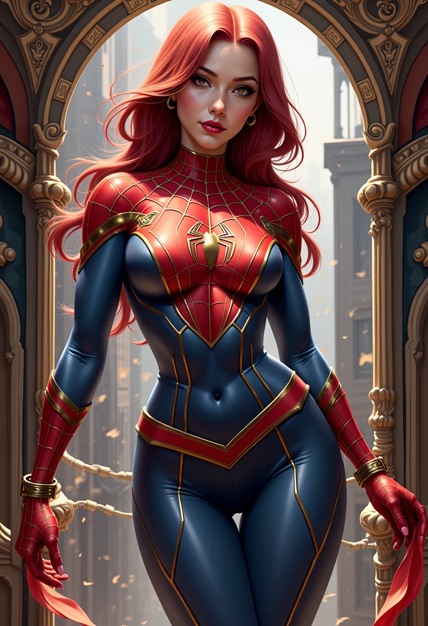 An intricate illustration of spider girl, wide hips, small waist, background, beautiful spidergirl, tight suit