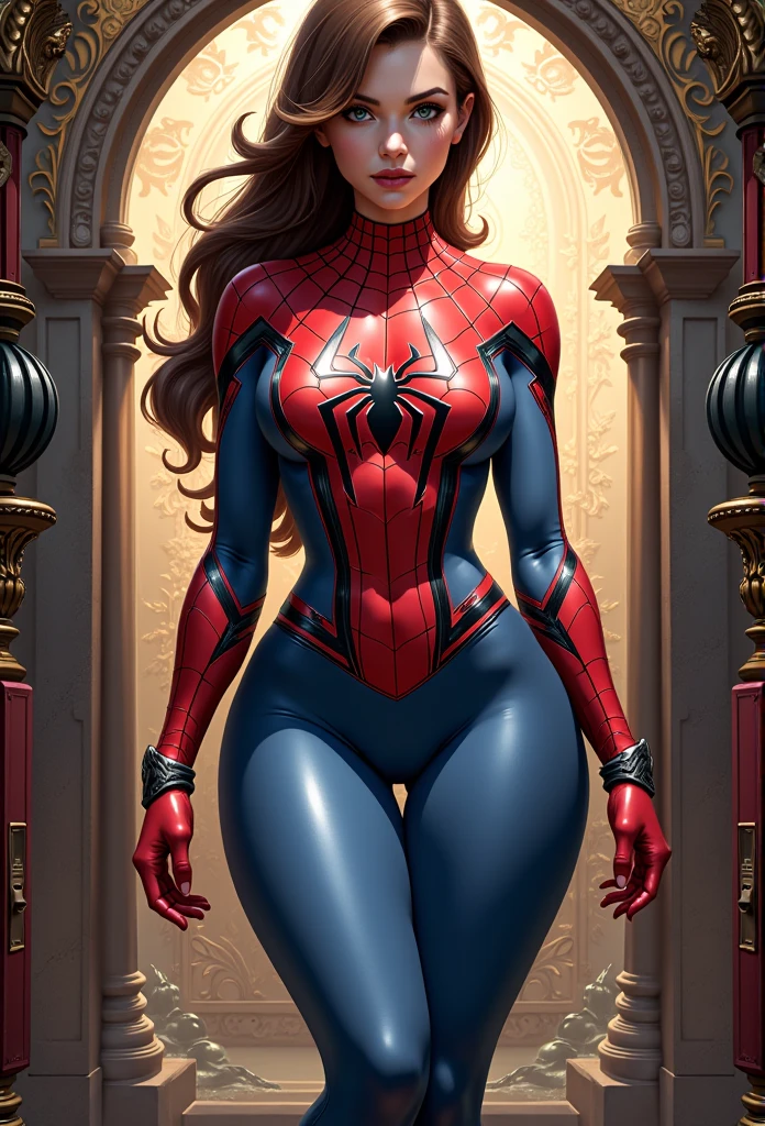 An intricate illustration of spider girl, wide hips, small waist, background, beautiful spidergirl, tight suit