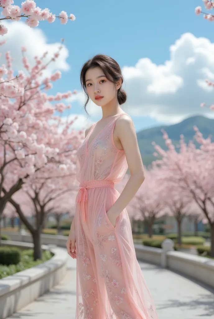 blue sky and white clouds，yunshan garden，pink flowers，cherry blossom tree，wearing a jumpsuit，transparency is clearly visible、beh...