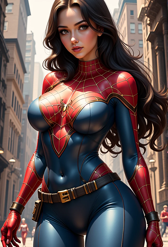 An intricate illustration of spider girl, wide hips, small waist, background, beautiful spidergirl, tight suit