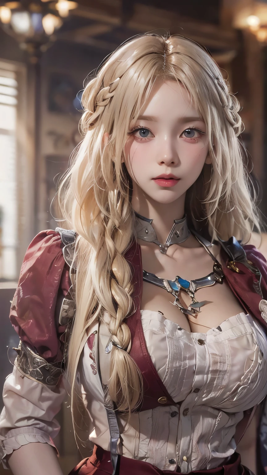 ,extremely detailed CG unity 8k wallpaper,best quality,realistic,world masterpiece,(highres, ultra detailed,8K),brown and platinum blonde hair with beautiful and detailed braids, burgundy and Friday clothes, with sexy skirt, silver eyes, best quality, good resolution,Huge breasts, ((upper body))