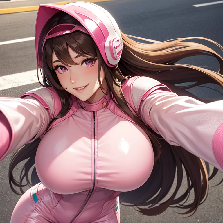 Beautiful woman, long hair, brown hair, pink eyes, smiling, large breasts, white and pink motorcycle suit, standing, motorcycle helmet 