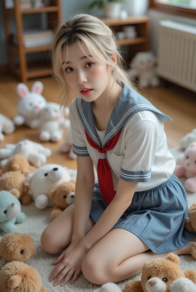 金发女穿着Sailor Suit服坐在地板上，Plush toys around, anime girl role play, On the deer, role play, anime role play, Aheiyan, Squatting anime girl, , Sailor Suit, ayaka role play, role play photo, , Sakimichan, Desperate Girl Desperate Enoshima Junko from Danganronpa, Professional cospl, Anatomically correct, Super Detail, high detail, high resolution, 4K