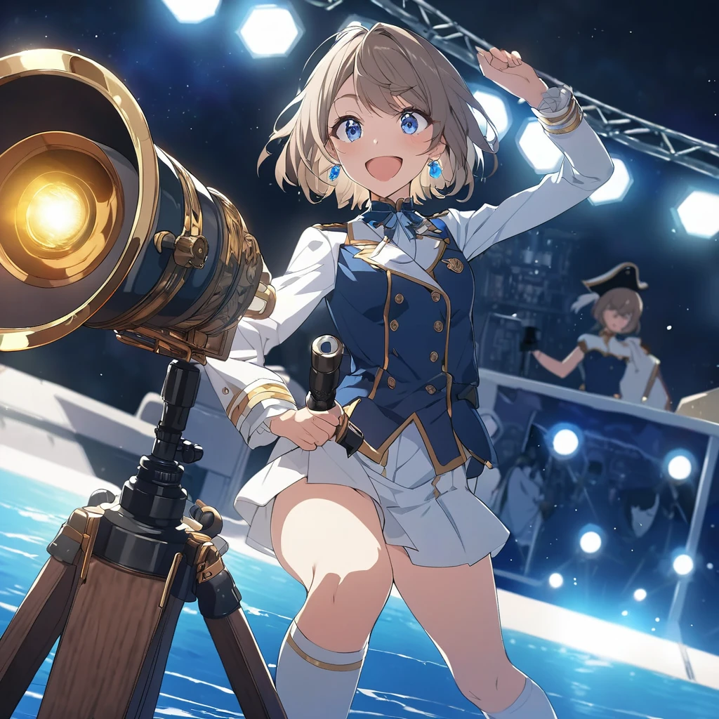 1 girl, girl、Diagonal、Brown Hair、short hair、blue eyes、put one foot on the edge of the yacht、Pirate with telescope、Look forward、Sea of navy uniforms、anime、Illustration, Full HD, 8k, Absurd, masterpiece, Best Quality, Super detailed, beautiful, Exquisite, Delighted, Bright smile, Look away, Earrings, Knee socks,  cute, beautiful, A bright and colorful world, anime, cell anime, 2d anime, strict, Soft Surface, close, Upper body photo, Front View, Golden Ratio, Perfect handcrafting of stage lighting, ,Watanabe, blue eyes, Brown Hair, short hair, bangs,