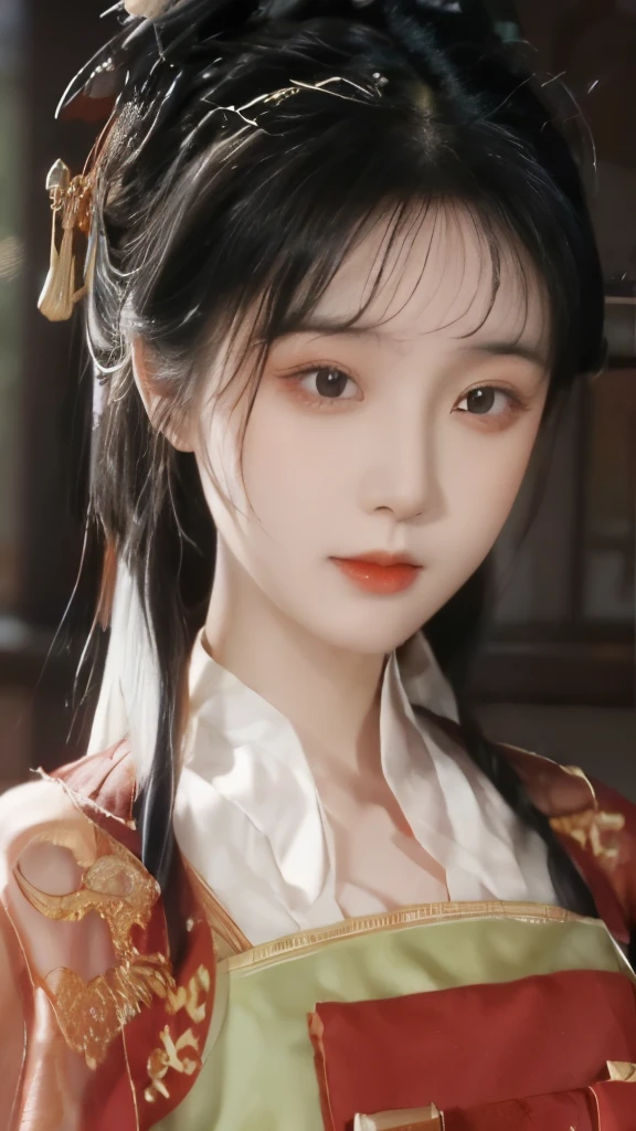 Hanfu，palace，穿Hanfu的女孩，Wearing ancient Chinese clothing，Traditional Chinese Clothing，Ancient Chinese Clothing，Ancient Chinese Princess，Chinese，Half-exposed shoulders，Beth，(masterpiece),(Best quality:1.1),(Very detailed),Best Illustration,Fine details,(portrait:1.1),(Intense close-up)，(Extremely delicate and beautiful face），Frontal，