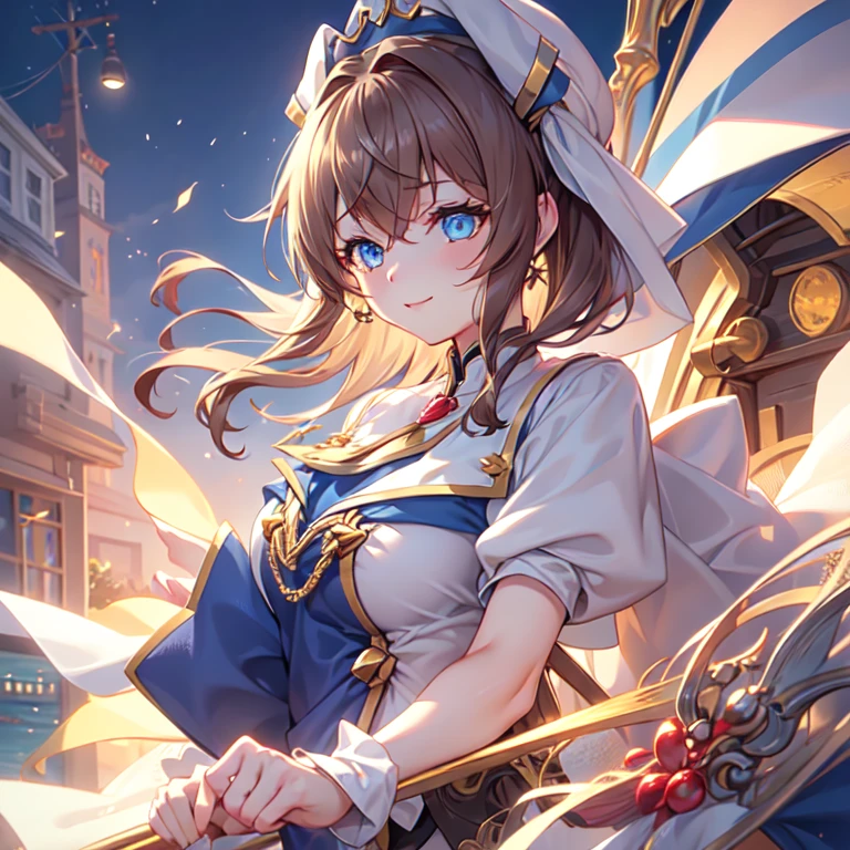 1 girl, girl、Diagonal、Brown Hair、short hair、blue eyes、put one foot on the edge of the yacht、Pirate with telescope、Look forward、Sea of navy uniforms、anime、Illustration, Full HD, 8k, Absurd, masterpiece, Best Quality, Super detailed, beautiful, Exquisite, Delighted, Bright smile, Look away, Earrings, Knee socks, cute, beautiful, A bright and colorful world, anime, cell anime, 2d anime, strict, Soft Surface, close, Upper body photo, Front View, Golden Ratio, Perfect handcrafting of stage lighting, ,Watanabe, blue eyes, Brown Hair, short hair, bangs,